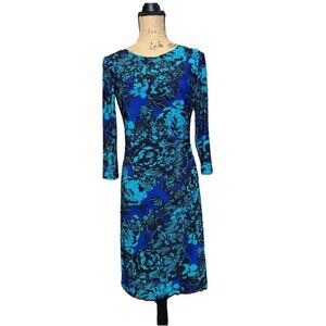 CHAPS Bodycon Long Sleeve Dress Blue Floral Ruched Waist Career Wedding Preppy S